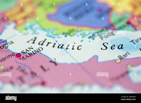 Shallow Depth Of Field Focus On Geographical Map Location Of Adriatic