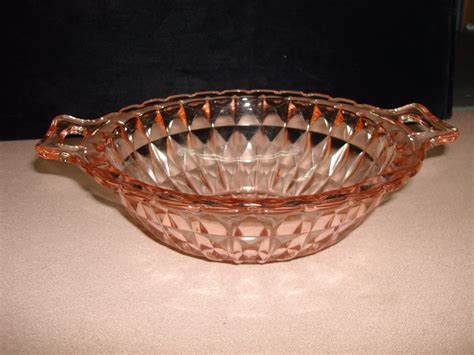 Lovely Vintage Jeannette Glass Windsor Diamond Open Handled Pink Depression Bowl