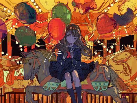 Desktop Wallpaper Ferris Wheel Anime Girl Balloons Art