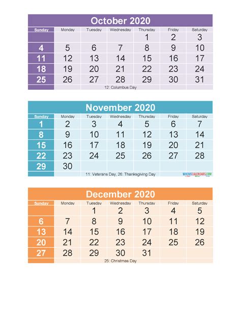 3 Month Calendar 2020 Printable Oct Nov Dec Printable Free Printable