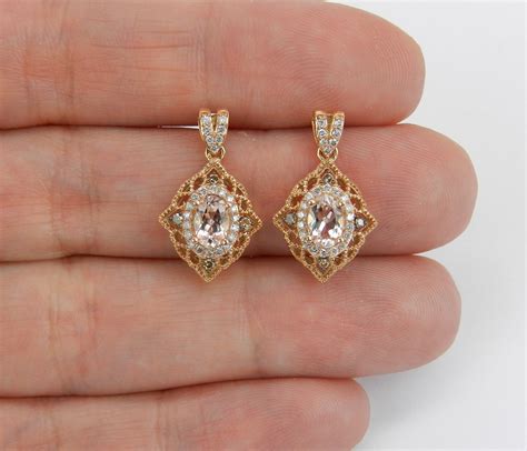 Antique Style Morganite And Diamond Filigree Drop Earrings Rose Gold Pink Aquamarine Gemstone