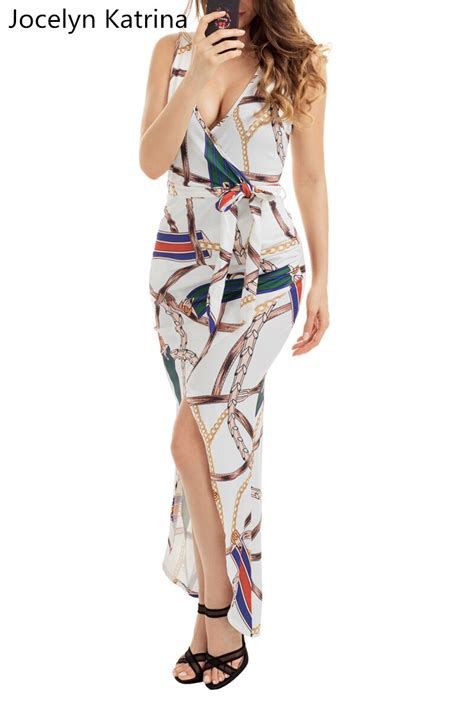 Jocelyn Katrina Brand Summer Deep V Neck Printed Sleeveless Dresses With Belt Leisure Fashion