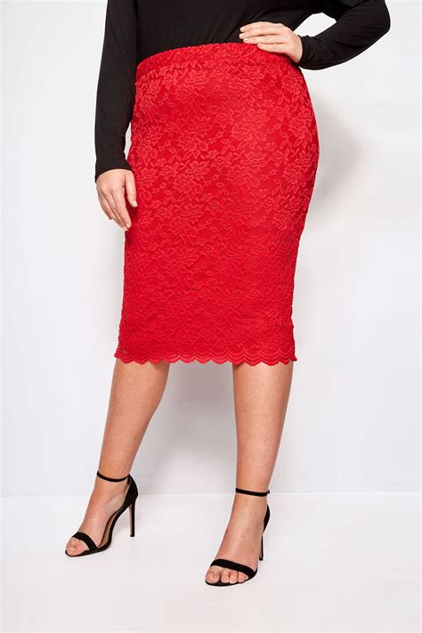 Yours London Red Stretch Lace Pencil Skirt With Scalloped Hem Plus Size To
