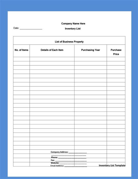 Printable Inventory List Templates Home Office Moving