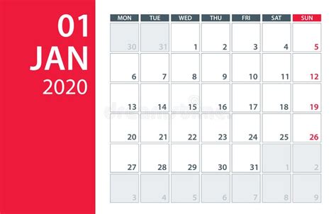 January 2020 Calendar Planner Vector Illustration Template Mock Up