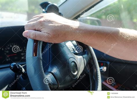 Men S Hands On The Steering Wheel Stock Photo Image Of Odometer