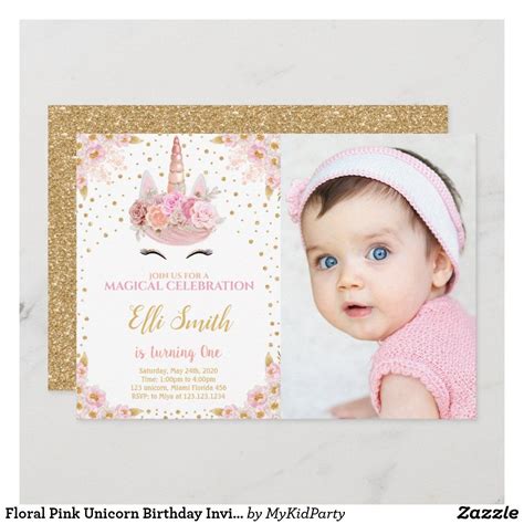 Floral Pink Unicorn Birthday Invitation With Photo In 2021