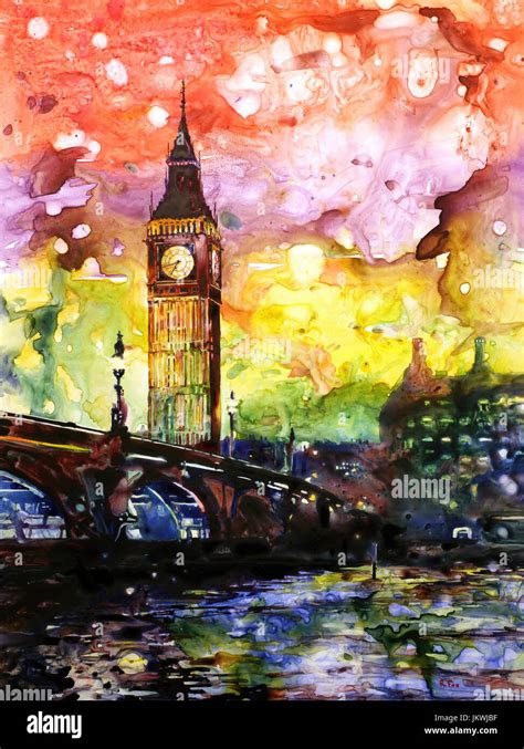 Watercolor Painting Of Big Ben Clock Tower And Houses Of Parliament