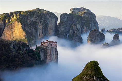 Greece Landscape Meteora Mist Monastery Mountains Nature