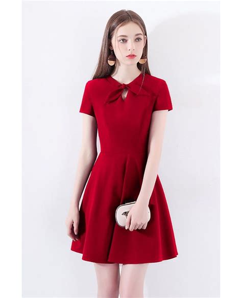 Retro Chic Short Sleeve Little Red Dress With Bow Knot Htx97015