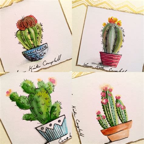 Four Cards With Different Kinds Of Cactus In Pots On Top Of Each Other