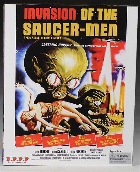 Invasion of the saucer men is a 1957 film about a teenage couple who accidentally awakens an alien after inadvertently hitting it with their car. Invasion of the Saucermen sixths scale action figures ...