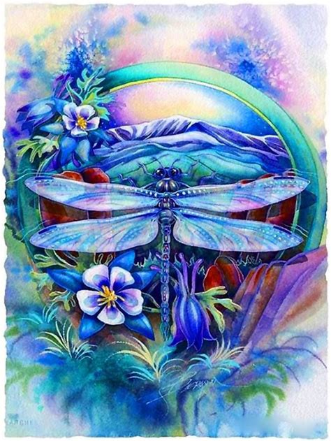 A Painting With Dragonflies And Flowers On It
