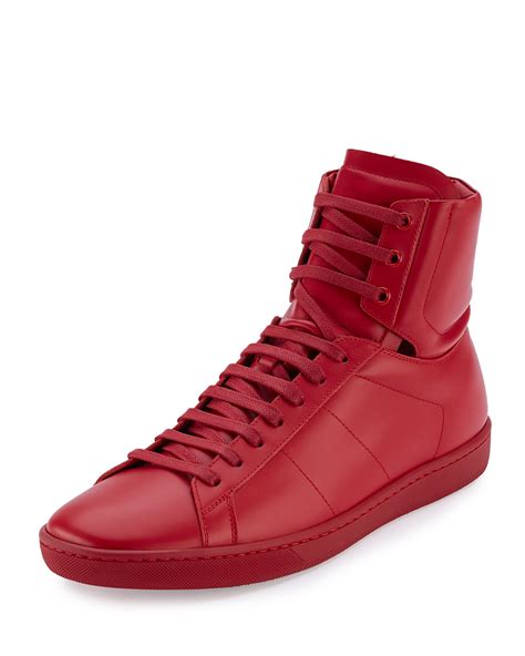 Saint Laurent Mens Leather High Top Sneakers Red Neiman Marcus