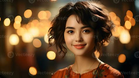 Ai Generated Beautiful Short Haired Asian Woman In Traditional Dress With Blurred Lantern