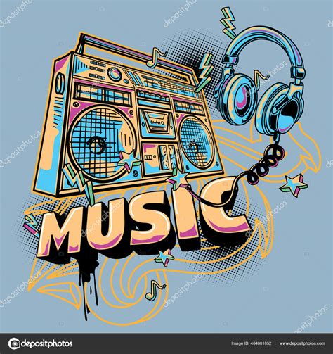Music Design Funky Drawn Boombox Headphones Graffiti Stock Vector Image