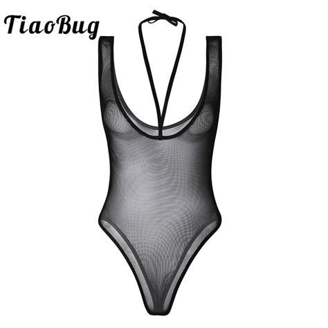 TiaoBug Women One Piece Erotic Lingerie Sleeveless Halter See Through Nightwear Fishnet