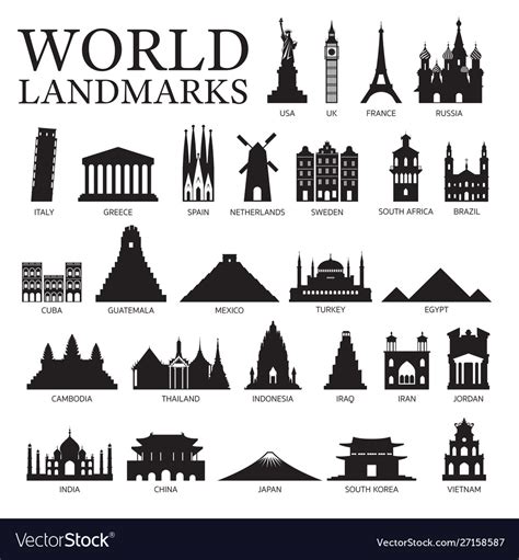World Countries Landmarks Silhouette Set Vector Image
