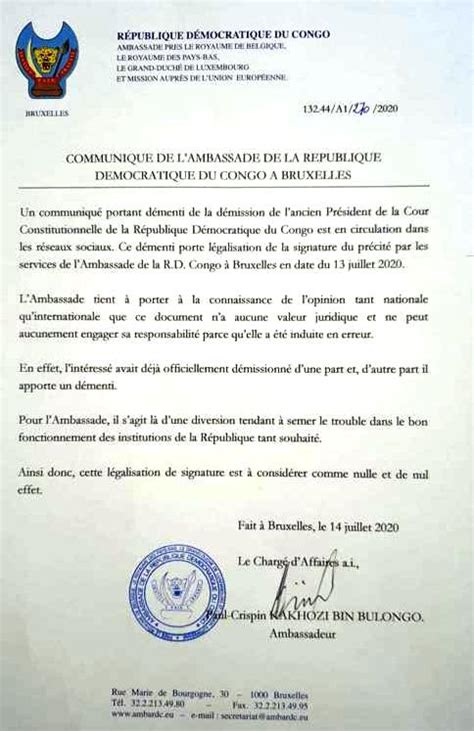 Lambassade de la RDC en Belgique retire la légalisation du démenti de
