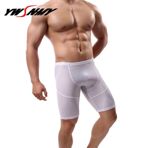 Mens Long Boxer Shorts Breathable Mesh Sexy Hollow Half Length Boxers Cotton Long Leg Underpants