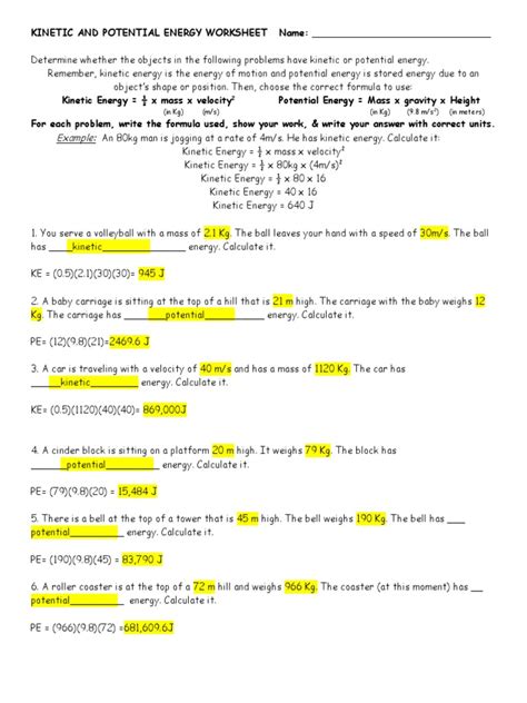 Kinetic And Potential Energy Worksheet Examples Key Pdf Pdf Kinetic