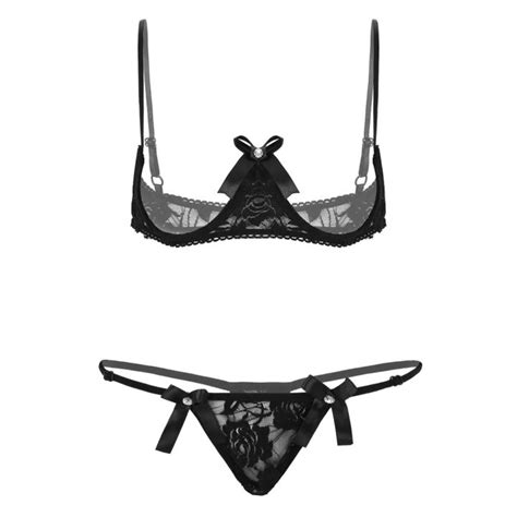 Women Open Cup Bra Top Sexy Cupless Exposed Breasts Underwired Bra With G String See Through