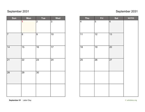 September 2031 Calendar On Two Pages