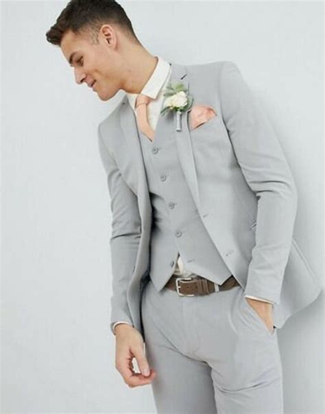 Men S Light Grey 3 Piece Fashion Formal Suit Slim Fit Two Button