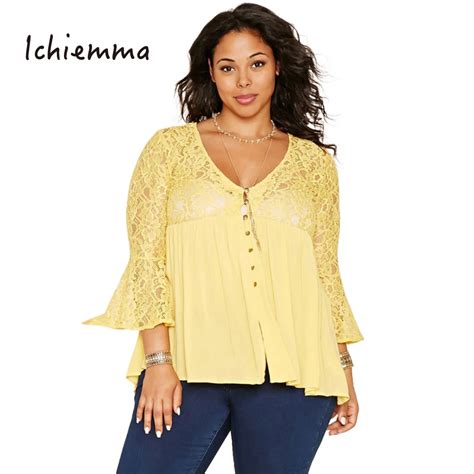 Ichiemma 2017 Plus Size Solid Yellow Women Blouse Long Flare Sleeve V