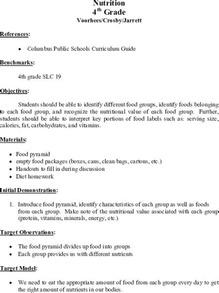 Nutrition Lesson Plan For 4th Grade Lesson Planet