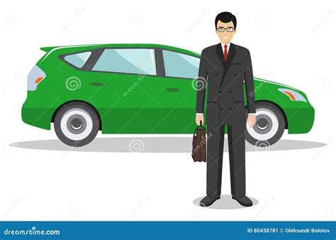 Asian Businessman Standing Near The Car On White Background In Flat