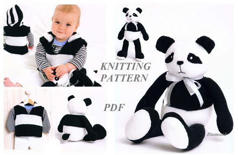 Knitting Pattern Panda Toy Pattern And Baby Hoodie Vest Set Etsy