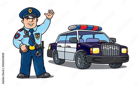 Policeman In Uniform And Police Car Cartoon Set Stock Vector Adobe Stock
