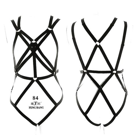 black full body harness set sexy elastic plus size lingerie bdsm bondage cage bra gothic dance