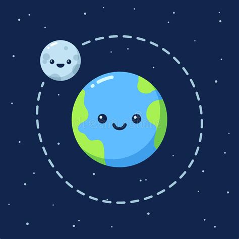 Cute Cartoon Earth With Moon Stock Vector Illustration