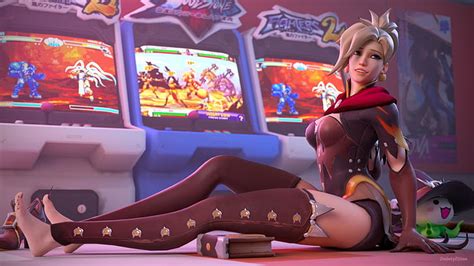 Hd Wallpaper Barefoot Blonde Feet Highs Mercy Overwatch Thigh Tight Clothing