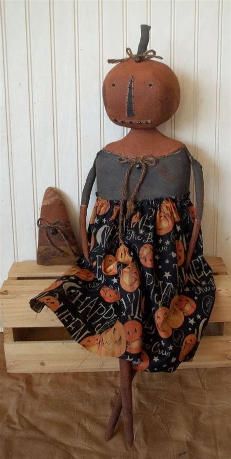 Primitive Grungy Halloween Pumpkin Lady Doll And Her Candy Corn