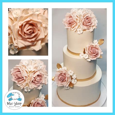Blush And Ivory Buttercream Wedding Cake With Sugar Roses Blue Sheep