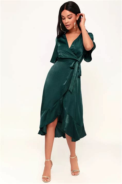 wrapped up in love dark green satin faux wrap midi dress wrap dress midi satin wrap dress