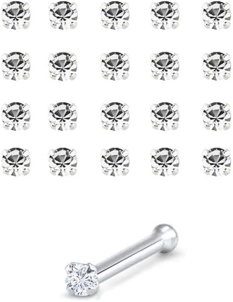 20 Pack 925 Sterling Silver Nose Bones Rings 1mm Clear Stone 22g