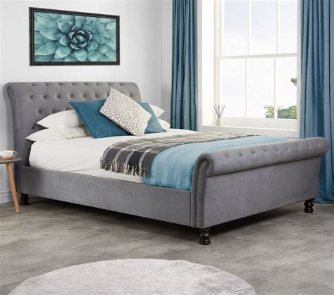 Opulence Grey Velvet Fabric Scroll Sleigh Bed Frame 6ft Super King Size