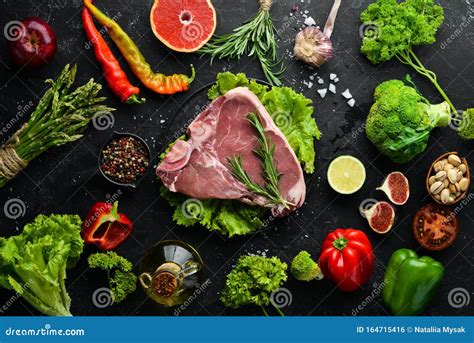 Fresh Meat With Ingredients For Cooking Stock Photo Image Of Board