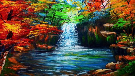 Basic Water Falls In Autumn Forest Easy Acrylic Painting Tutorial Art