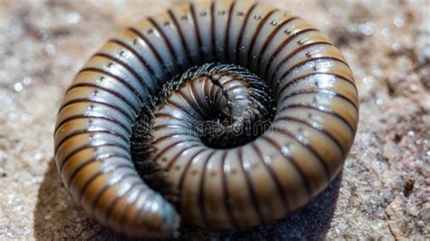 Close Up Shot Of A Black Millipede Insect On The Ground Stock Photo
