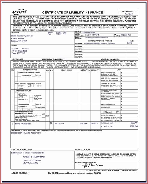 Click image to view larger. Sample Certificate Of Insurance Acord Form - Form : Resume ...