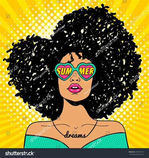 Wow Pop Art Face Sexy Woman With Black Afro Curly Hair And Open Mouth