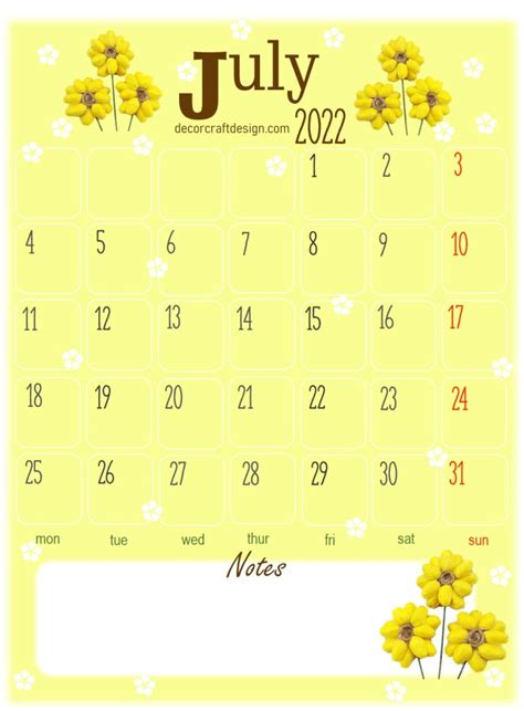 Free Printable July 2022 Calendar Decor Craft Design