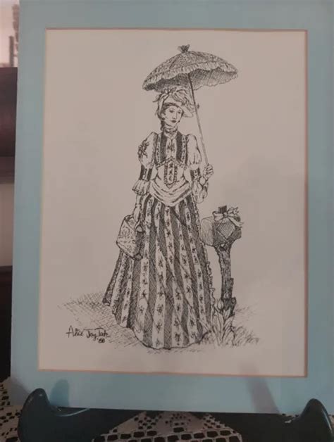 Pen Andink Drawing Of Colonial Woman With Parasol Beside Mailbox Signed