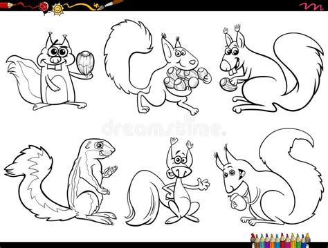 Cartoon Squirrels Animal Characters Set Coloring Page Stock Vector