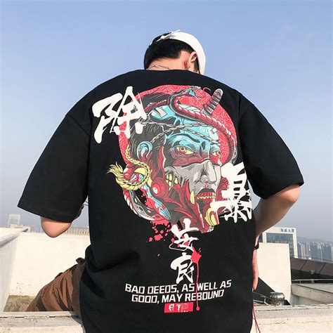 trendy japanese loose short sleeve t shirt devil design short sleeve hip hop men s t shirt